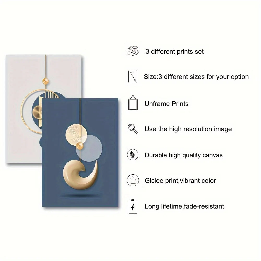 Set de 3 Cuadros Abstractos Azul y Dorado