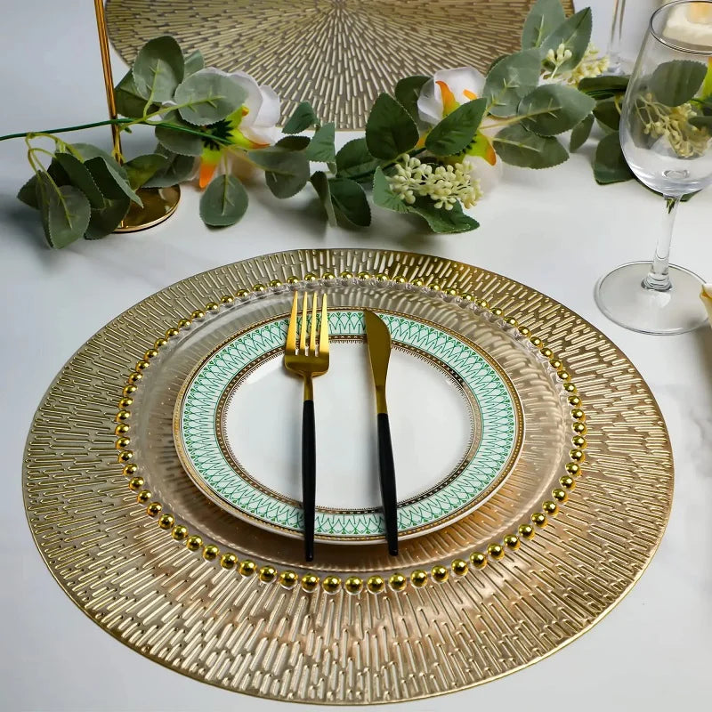 4PCS Vinyl Placemats 15inch Round,Gold color PVC table mats,Waterproof Oilproof Heat Resistant Table Place Mats