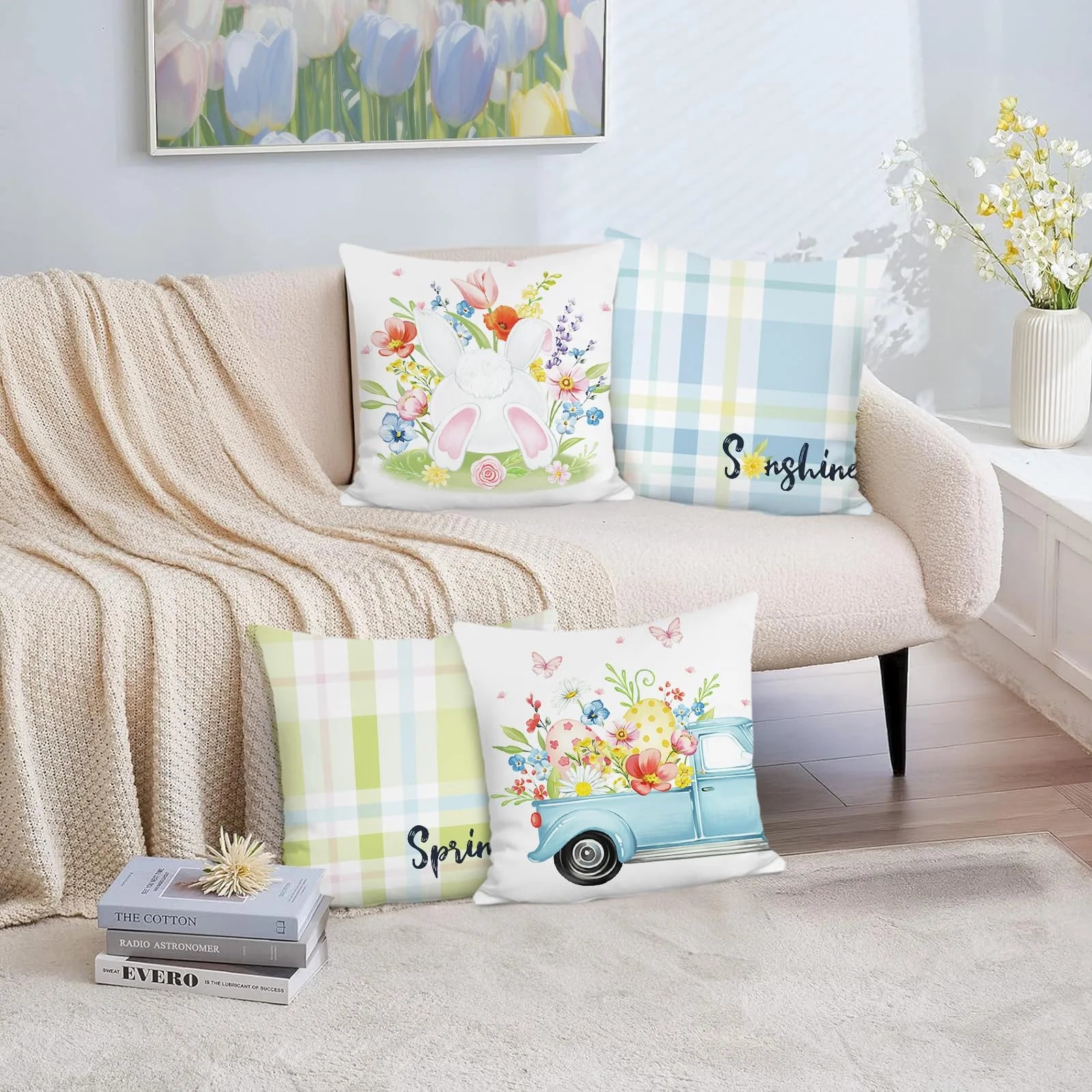 Fundas de Cojín Primavera y Conejitos - Set de 4 Piezas