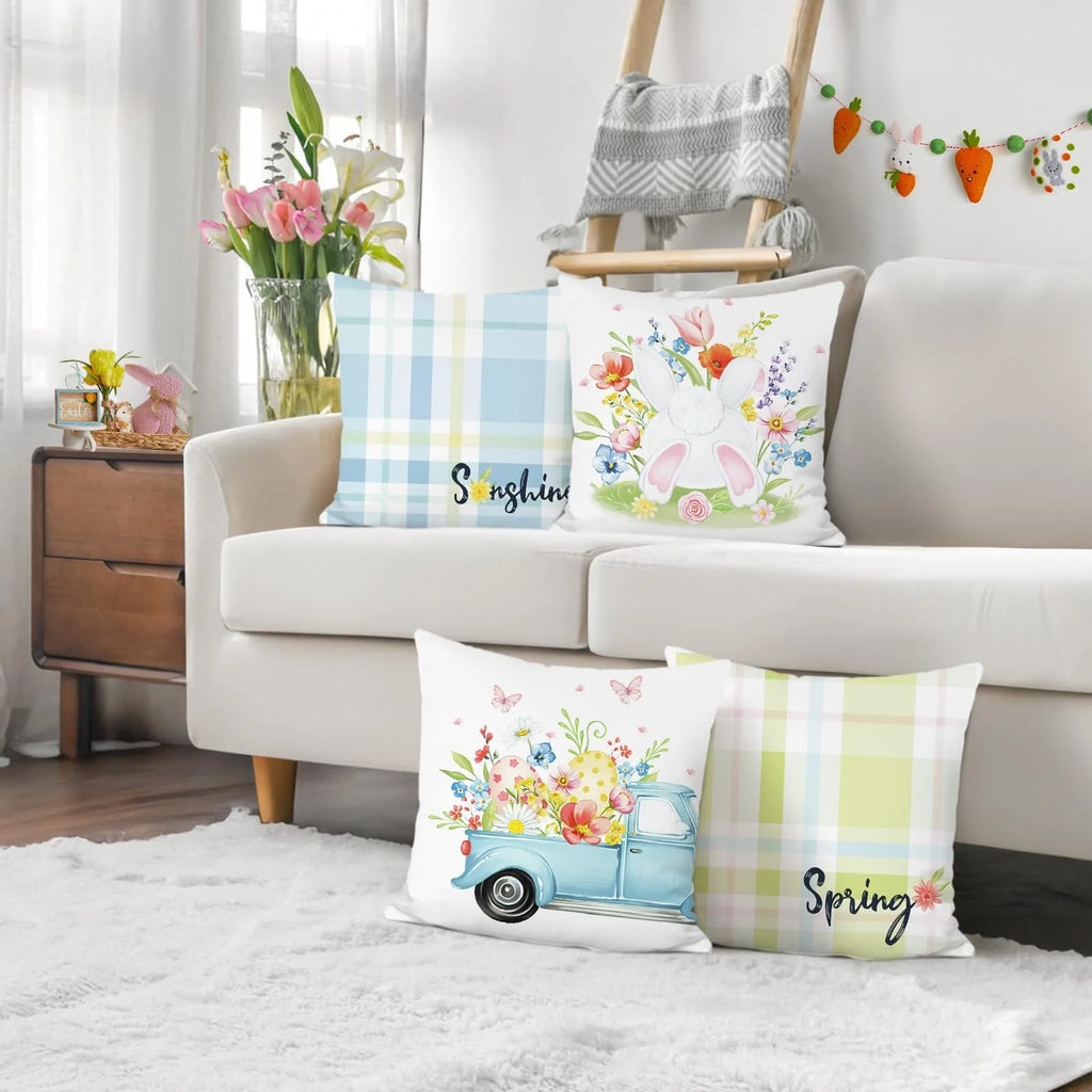 Fundas de Cojín Primavera y Conejitos - Set de 4 Piezas
