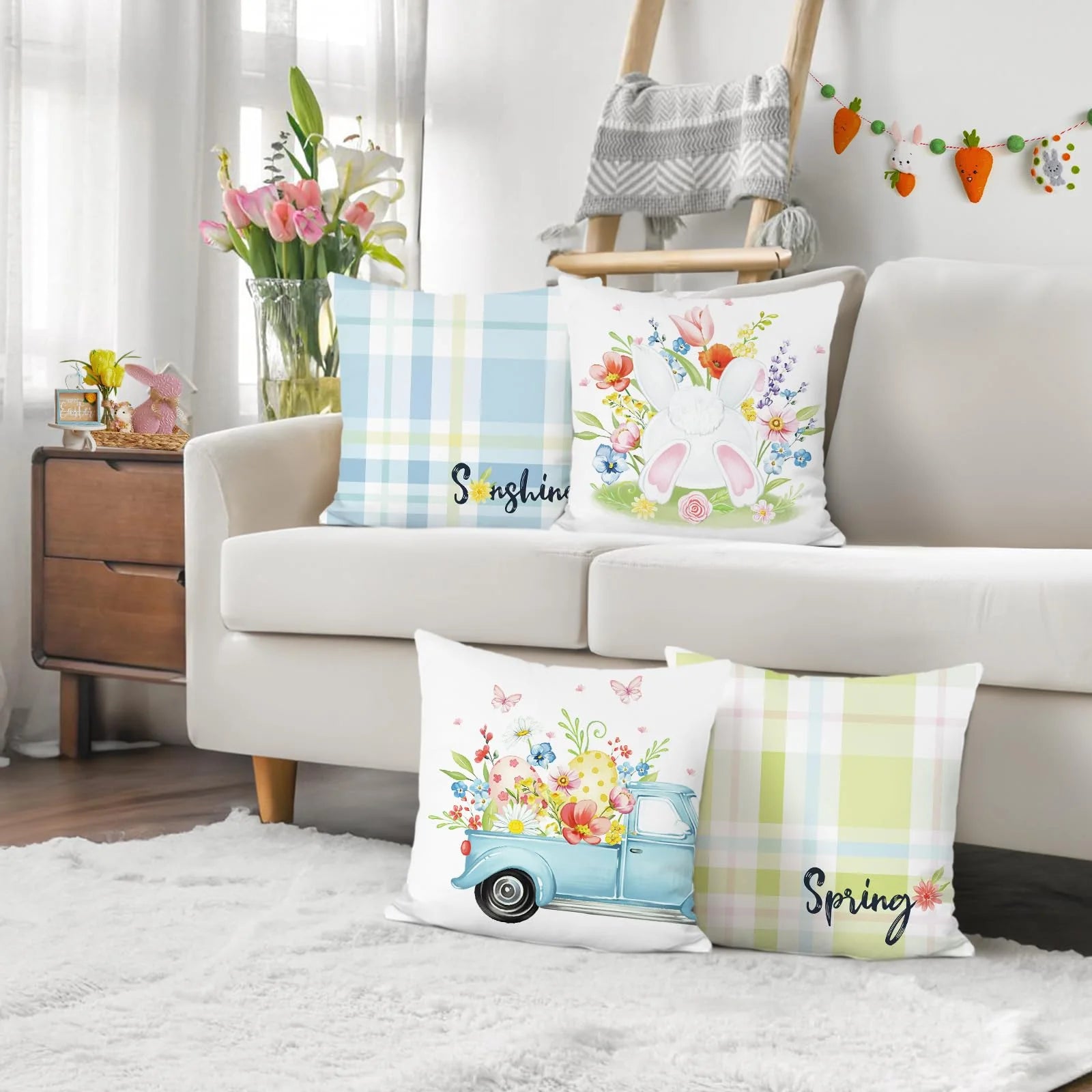 Fundas de Cojín Primavera y Conejitos - Set de 4 Piezas
